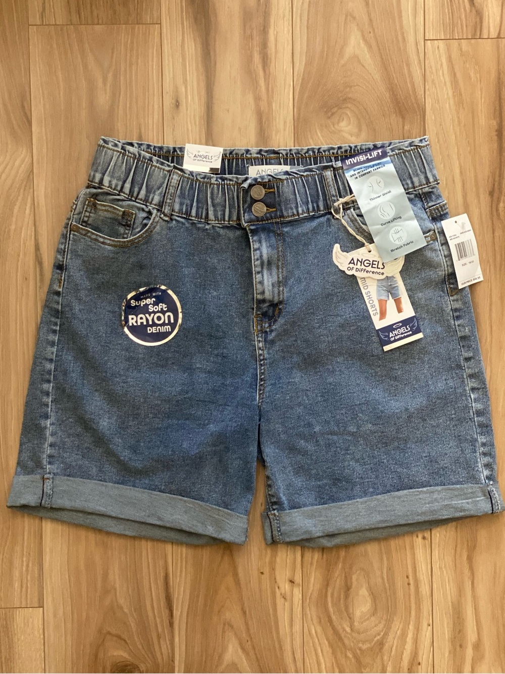 Angels Of Difference Sand Acid Wash Elastic Waist High-Rise Mid Denim Shorts